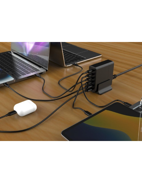 Gembird 6-Portowa Szybka Ładowarka Sieciowa Gan (Pd) 6Xusb (2X Usb-A + 4X Usb-C), 75W, Czarna