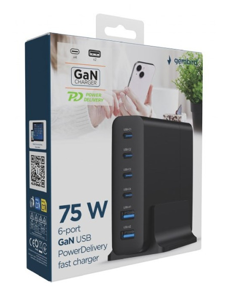 Gembird 6-Portowa Szybka Ładowarka Sieciowa Gan (Pd) 6Xusb (2X Usb-A + 4X Usb-C), 75W, Czarna