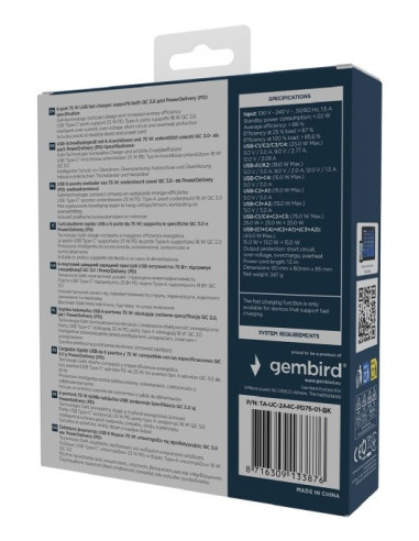 Gembird 6-Portowa Szybka Ładowarka Sieciowa Gan (Pd) 6Xusb (2X Usb-A + 4X Usb-C), 75W, Czarna