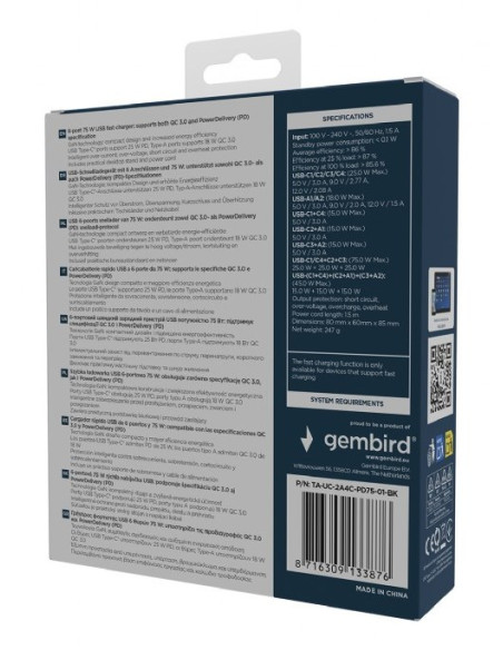 Gembird 6-Portowa Szybka Ładowarka Sieciowa Gan (Pd) 6Xusb (2X Usb-A + 4X Usb-C), 75W, Czarna