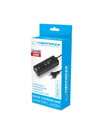 Esperanza Ładowarka 60W 2X Usb-C Pd 30W / 2X Usb-A Qc 3.0 18W Ezc109