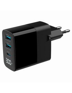 Gembird 3-Portowa Szybka Ładowarka Sieciowa Gan (Pd) Usb (2X Usb-A + 1X Usb Typ-C), 30W, Lcd, Czarna