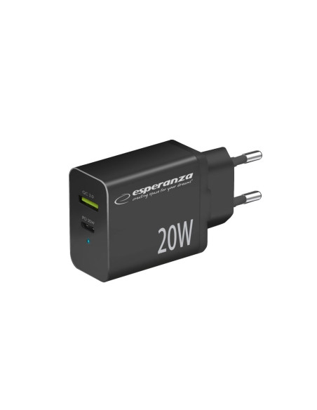 Esperanza Ładowarka Sieciowa 20W Usb-C Pd 20W / Usb-A Qc 3.0 18W Czarna Ezc105K