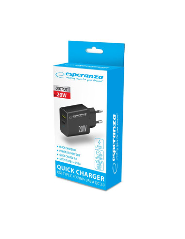 Esperanza Ładowarka Sieciowa 20W Usb-C Pd 20W / Usb-A Qc 3.0 18W Czarna Ezc105K