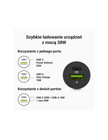 Green Cell Ładowarka Samochodowa Gc Powerride Nano38 38W 6A 1X Usb-C 1X Usb-A
