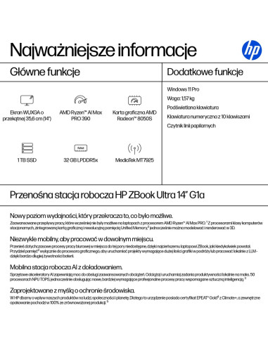 Hp Zbook Ultra 14 G1A Ryzen Ai Max Pro 390 14.0"Wuxga Ips 400Nits Ag 32Gb Lpddr5X-8533 Ssd1Tb Radeon 8050S Cam Ir 5 Mpx 74,5Wh W