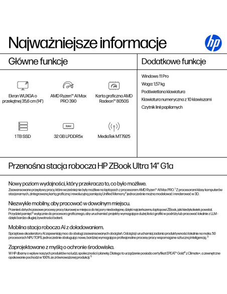 Hp Zbook Ultra 14 G1A Ryzen Ai Max Pro 390 14.0"Wuxga Ips 400Nits Ag 32Gb Lpddr5X-8533 Ssd1Tb Radeon 8050S Cam Ir 5 Mpx 74,5Wh W