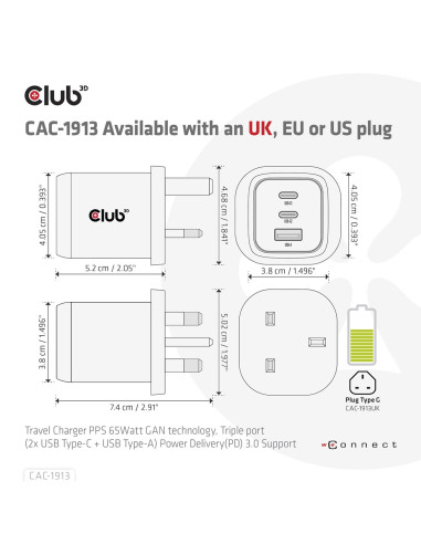 Club3D Cac-1913 Ładowarka Do Urządzeń Przenośnych Telefon Komórkowy, Laptop, Smartfon, Uniwersalne Czarny Prąd Przemienny Szybki