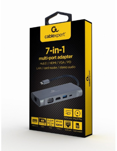 Gembird Multi Adapter Usb Type-C 7 W 1 (Hub3.0 + Hdmi + Vga + Pd + Czytnik Kart + Dźwięk Stereo), Szary