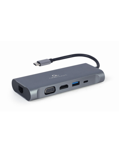 Gembird Multi Adapter Usb Type-C 7 W 1 (Hub3.0 + Hdmi + Vga + Pd + Czytnik Kart + Dźwięk Stereo), Szary