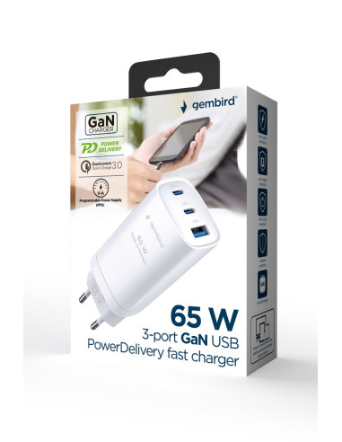 Gembird Szybka Ładowarka Usb Power Delivery Usb Typu C, 3X Usb, 65 W, Gan Biała