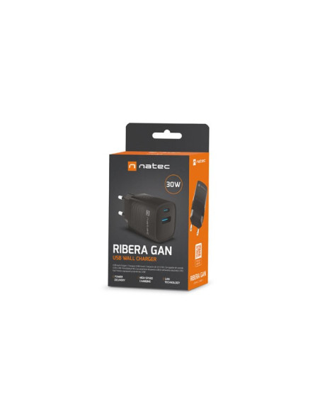 Natec Ładowarka Ribera Gan 1X Usb-A + 1X Usb-C 30W Czarna Nuc-2141
