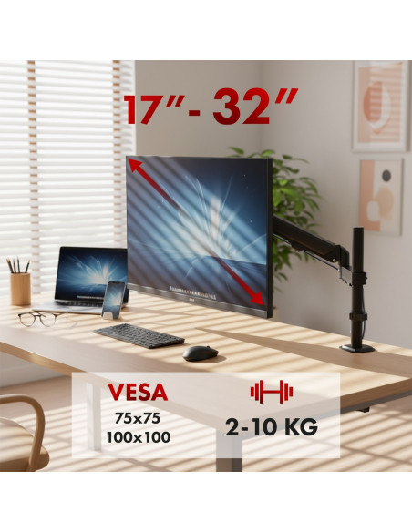 Maclean Uchwyt Na Monitor, Sprężyna Gazowa, 17"-32", 2-10Kg, Czarny Mc-135
