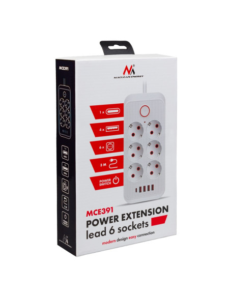 Maclean Listwa Zasilająca Maclean, Przedłużacz 6 Gniazd + 4Xusb, 110-240V Ac 50/60Hz, 2.1A Max 2500W, 3M, Czarna, Mce391 B Mc