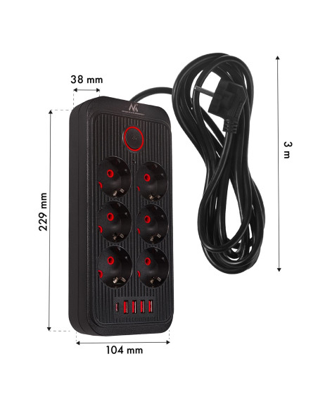 Maclean Listwa Zasilająca Maclean, Przedłużacz 6 Gniazd + 4Xusb, 110-240V Ac 50/60Hz, 2.1A Max 2500W, 3M, Czarna, Mce391 B Mc