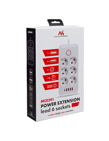 Maclean Listwa Zasilająca, Przedłużacz 6 Gniazd + 4Xusb, 110-240V Ac 50/60Hz, 2.1A Max 2500W, 3M, Biała Mce391 W