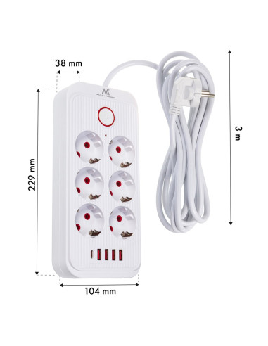 Maclean Listwa Zasilająca, Przedłużacz 6 Gniazd + 4Xusb, 110-240V Ac 50/60Hz, 2.1A Max 2500W, 3M, Biała Mce391 W
