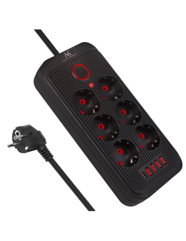 Maclean Listwa Zasilająca, Przedłużacz 6 Gniazd + 4Xusb, 110-240V Ac 50/60Hz, 2.1A Max 2500W, 1,5 M, Czarna Mce389 B