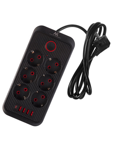 Maclean Listwa Zasilająca, Przedłużacz 6 Gniazd + 4Xusb, 110-240V Ac 50/60Hz, 2.1A Max 2500W, 1,5 M, Czarna Mce389 B
