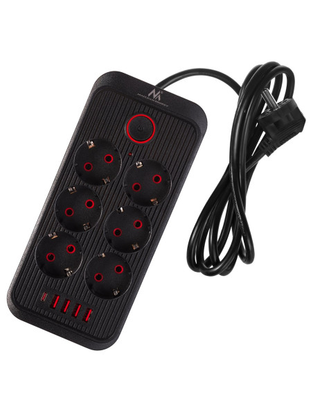 Maclean Listwa Zasilająca, Przedłużacz 6 Gniazd + 4Xusb, 110-240V Ac 50/60Hz, 2.1A Max 2500W, 1,5 M, Czarna Mce389 B
