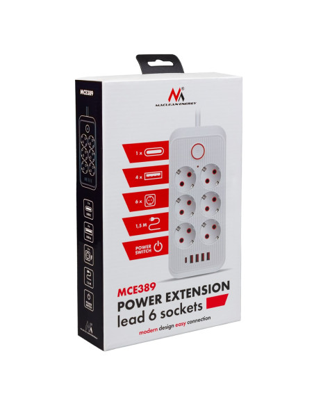 Maclean Listwa Zasilająca, Przedłużacz 6 Gniazd + 4Xusb, 110-240V Ac 50/60Hz, 2.1A Max 2500W, 1,5 M, Czarna Mce389 B