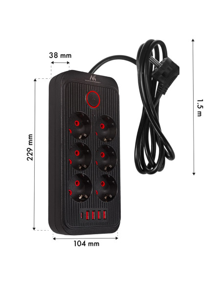 Maclean Listwa Zasilająca, Przedłużacz 6 Gniazd + 4Xusb, 110-240V Ac 50/60Hz, 2.1A Max 2500W, 1,5 M, Czarna Mce389 B