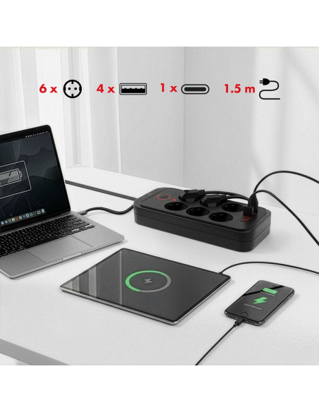 Maclean Listwa Zasilająca, Przedłużacz 6 Gniazd + 4Xusb, 110-240V Ac 50/60Hz, 2.1A Max 2500W, 1,5 M, Czarna Mce389 B