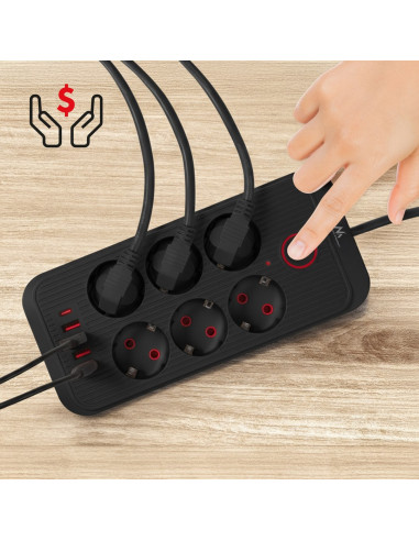 Maclean Listwa Zasilająca, Przedłużacz 6 Gniazd + 4Xusb, 110-240V Ac 50/60Hz, 2.1A Max 2500W, 1,5 M, Czarna Mce389 B