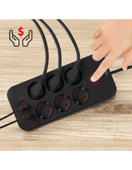 Maclean Listwa Zasilająca, Przedłużacz 6 Gniazd + 4Xusb, 110-240V Ac 50/60Hz, 2.1A Max 2500W, 1,5 M, Czarna Mce389 B