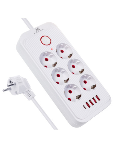 Maclean Listwa Zasilająca, Przedłużacz 6 Gniazd + 4Xusb, 110-240V Ac 50/60Hz, 2.1A Max 2500W, 1,5 M, Biała Mce389 W