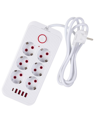 Maclean Listwa Zasilająca, Przedłużacz 6 Gniazd + 4Xusb, 110-240V Ac 50/60Hz, 2.1A Max 2500W, 1,5 M, Biała Mce389 W