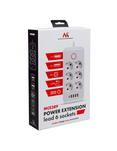 Maclean Listwa Zasilająca, Przedłużacz 6 Gniazd + 4Xusb, 110-240V Ac 50/60Hz, 2.1A Max 2500W, 1,5 M, Biała Mce389 W