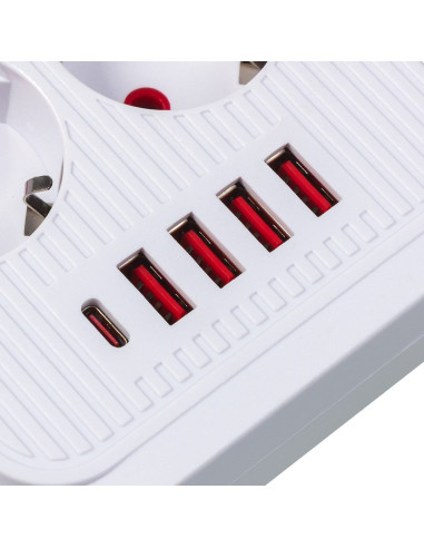 Maclean Listwa Zasilająca, Przedłużacz 6 Gniazd + 4Xusb, 110-240V Ac 50/60Hz, 2.1A Max 2500W, 1,5 M, Biała Mce389 W