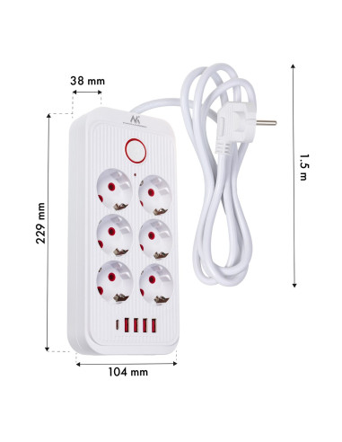 Maclean Listwa Zasilająca, Przedłużacz 6 Gniazd + 4Xusb, 110-240V Ac 50/60Hz, 2.1A Max 2500W, 1,5 M, Biała Mce389 W