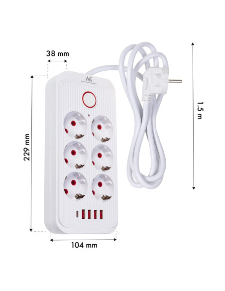 Maclean Listwa Zasilająca, Przedłużacz 6 Gniazd + 4Xusb, 110-240V Ac 50/60Hz, 2.1A Max 2500W, 1,5 M, Biała Mce389 W