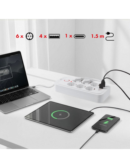 Maclean Listwa Zasilająca, Przedłużacz 6 Gniazd + 4Xusb, 110-240V Ac 50/60Hz, 2.1A Max 2500W, 1,5 M, Biała Mce389 W