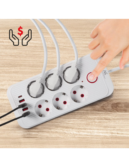 Maclean Listwa Zasilająca, Przedłużacz 6 Gniazd + 4Xusb, 110-240V Ac 50/60Hz, 2.1A Max 2500W, 1,5 M, Biała Mce389 W