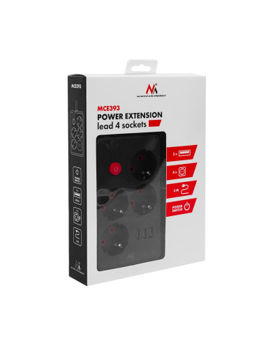 Maclean Listwa Zasilająca, Przedłużacz 4 Gniazda + 3Xusb, 110-240V Ac 50/60Hz, 2.1A Max 2500W, 3M, Czarna, Mce393 B
