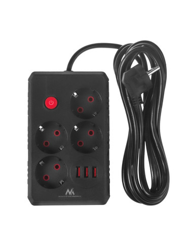 Maclean Listwa Zasilająca, Przedłużacz 4 Gniazda + 3Xusb, 110-240V Ac 50/60Hz, 2.1A Max 2500W, 3M, Czarna, Mce393 B