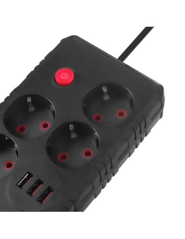 Maclean Listwa Zasilająca, Przedłużacz 4 Gniazda + 3Xusb, 110-240V Ac 50/60Hz, 2.1A Max 2500W, 3M, Czarna, Mce393 B
