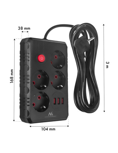 Maclean Listwa Zasilająca, Przedłużacz 4 Gniazda + 3Xusb, 110-240V Ac 50/60Hz, 2.1A Max 2500W, 3M, Czarna, Mce393 B