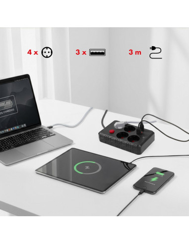 Maclean Listwa Zasilająca, Przedłużacz 4 Gniazda + 3Xusb, 110-240V Ac 50/60Hz, 2.1A Max 2500W, 3M, Czarna, Mce393 B