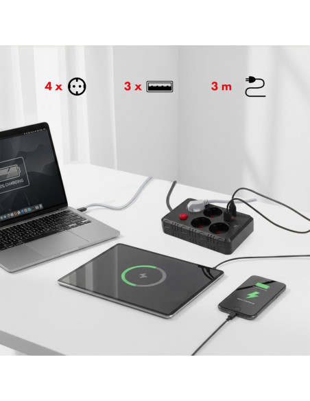 Maclean Listwa Zasilająca, Przedłużacz 4 Gniazda + 3Xusb, 110-240V Ac 50/60Hz, 2.1A Max 2500W, 3M, Czarna, Mce393 B