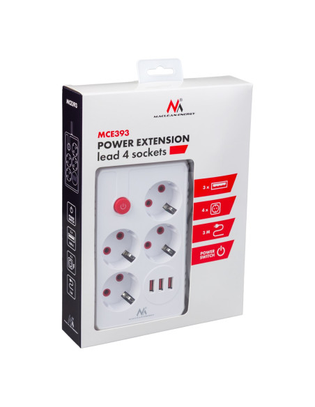 Maclean Listwa Zasilająca, Przedłużacz 4 Gniazda + 3Xusb, 110-240V Ac 50/60Hz, 2.1A Max 2500W, 3M, Biała Mce393 W
