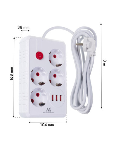 Maclean Listwa Zasilająca, Przedłużacz 4 Gniazda + 3Xusb, 110-240V Ac 50/60Hz, 2.1A Max 2500W, 3M, Biała Mce393 W