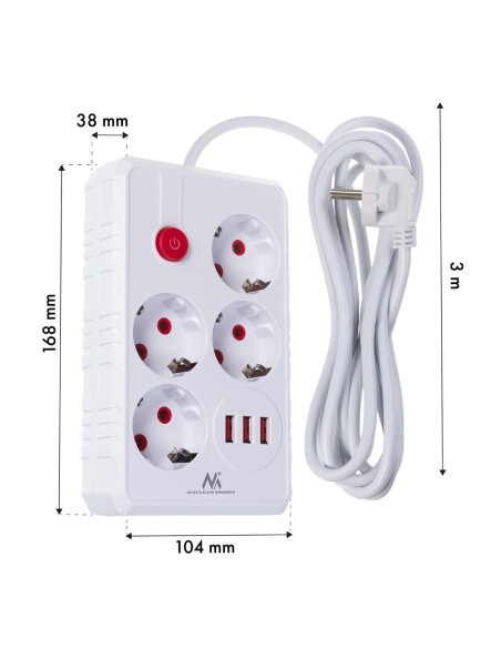 Maclean Listwa Zasilająca, Przedłużacz 4 Gniazda + 3Xusb, 110-240V Ac 50/60Hz, 2.1A Max 2500W, 3M, Biała Mce393 W