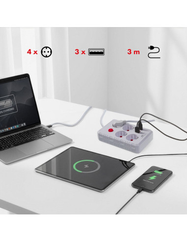 Maclean Listwa Zasilająca, Przedłużacz 4 Gniazda + 3Xusb, 110-240V Ac 50/60Hz, 2.1A Max 2500W, 3M, Biała Mce393 W