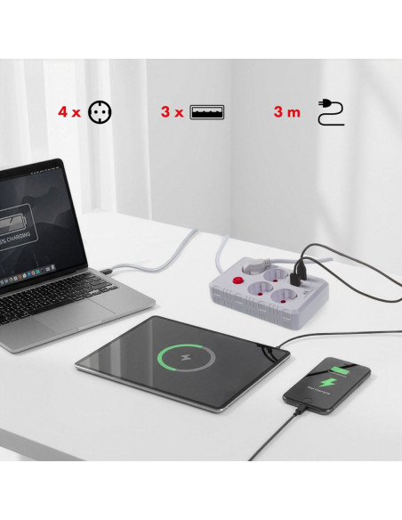 Maclean Listwa Zasilająca, Przedłużacz 4 Gniazda + 3Xusb, 110-240V Ac 50/60Hz, 2.1A Max 2500W, 3M, Biała Mce393 W