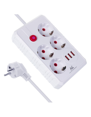 Maclean Listwa Zasilająca, Przedłużacz 4 Gniazda + 3Xusb, 110-240V Ac 50/60Hz, 2.1A Max 2500W, 1,5M, Biała Mce392 W