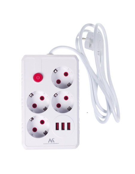 Maclean Listwa Zasilająca, Przedłużacz 4 Gniazda + 3Xusb, 110-240V Ac 50/60Hz, 2.1A Max 2500W, 1,5M, Biała Mce392 W